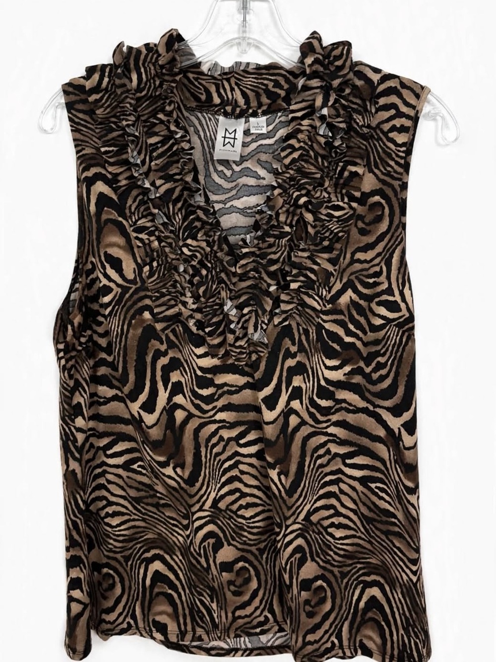 Marc Bouwer L Abstract Animal Print Ruffle Blouse- Y2K, ruffle, animal print